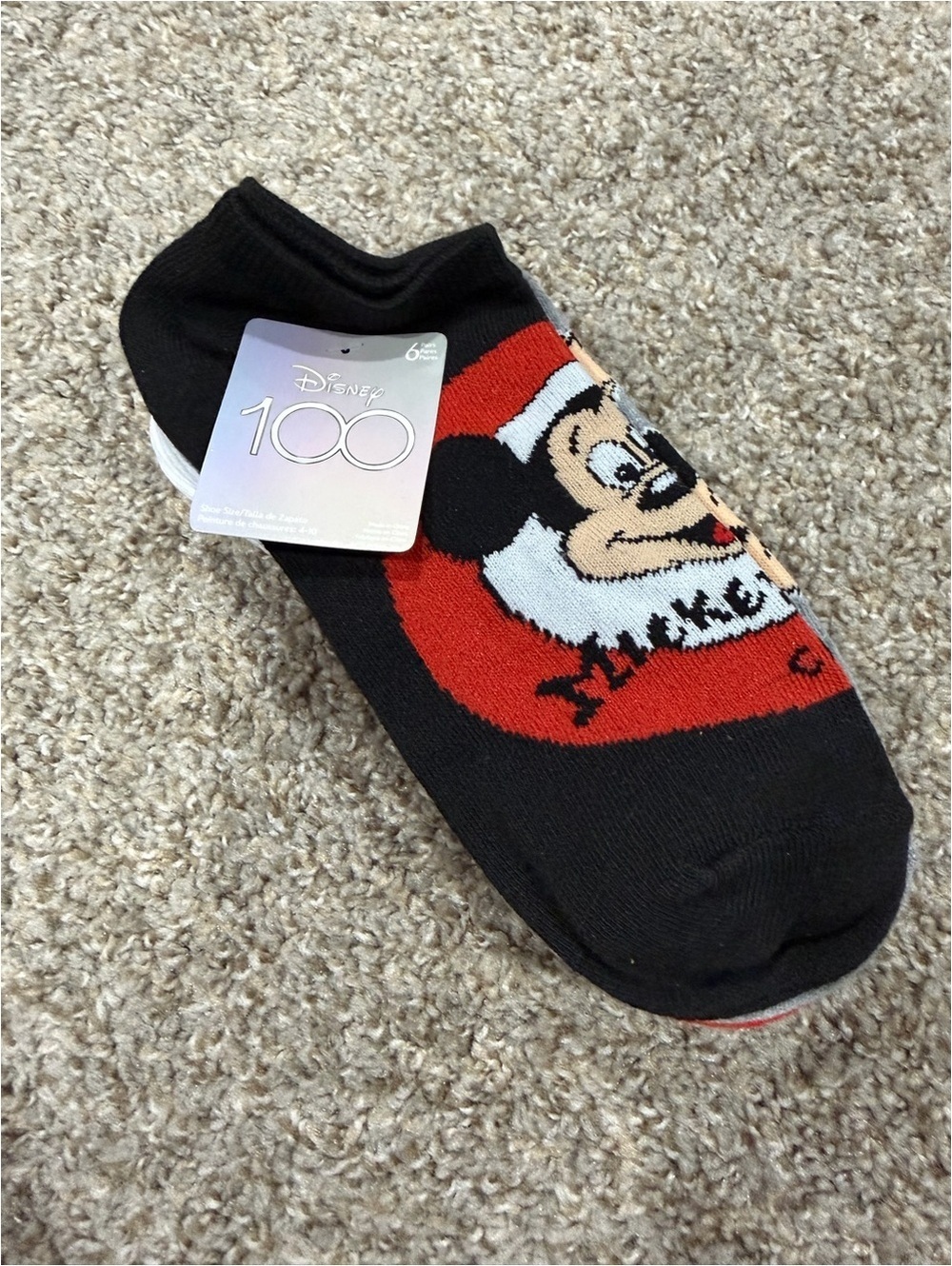 Disney 100 Mickey Mouse Black Gray Red Socks - 6 Pairs NEW